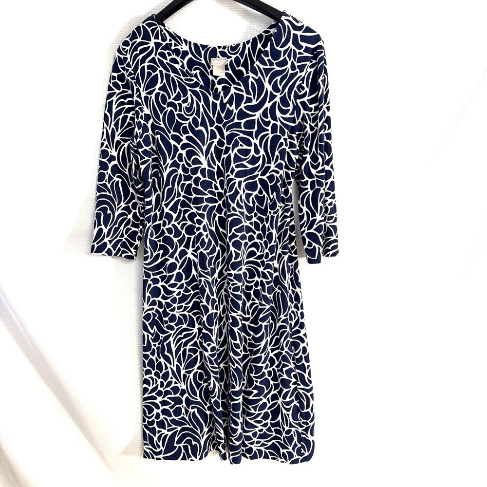 Chico's Swing Dress Navy White Print Jersey Stretch 3/4 Sleeve - 0 (4-6)